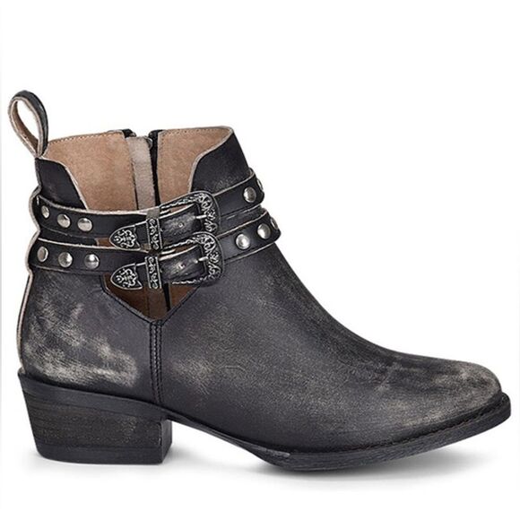 Circle G Black Corral Leather Distressed Studded Harness Belt Round Toe Booties - Picture 1 of 11